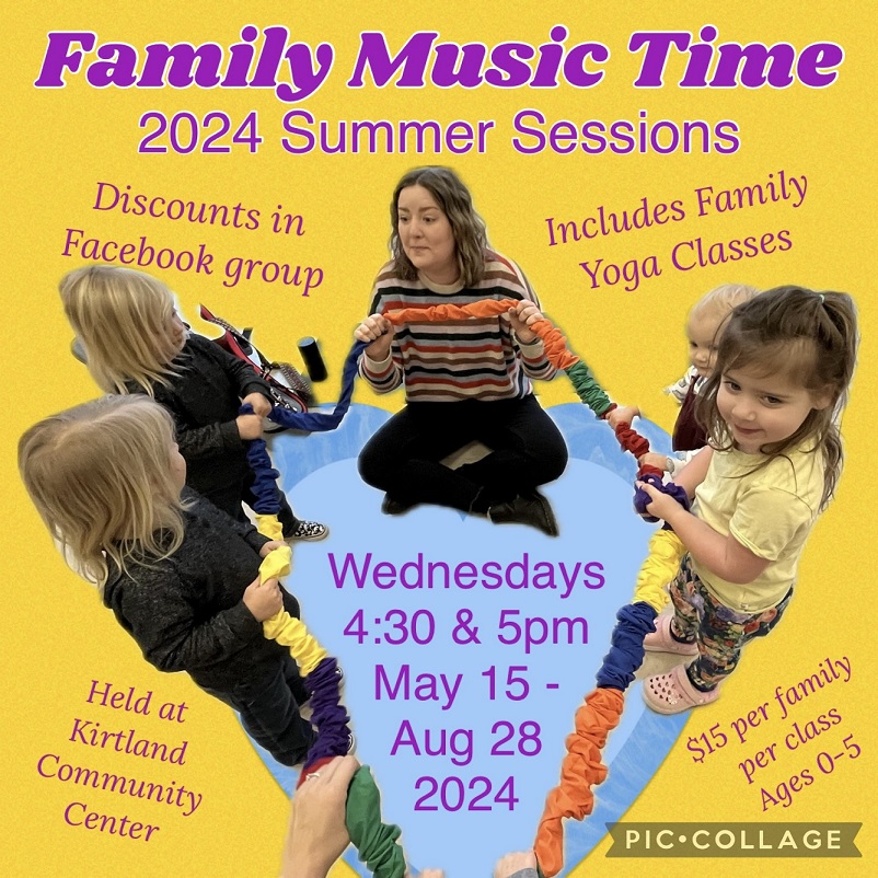 Advertisement photo for 2024 Summer Sessions of Family Music Time featuring a music therapist and children holding a stretchy band. 