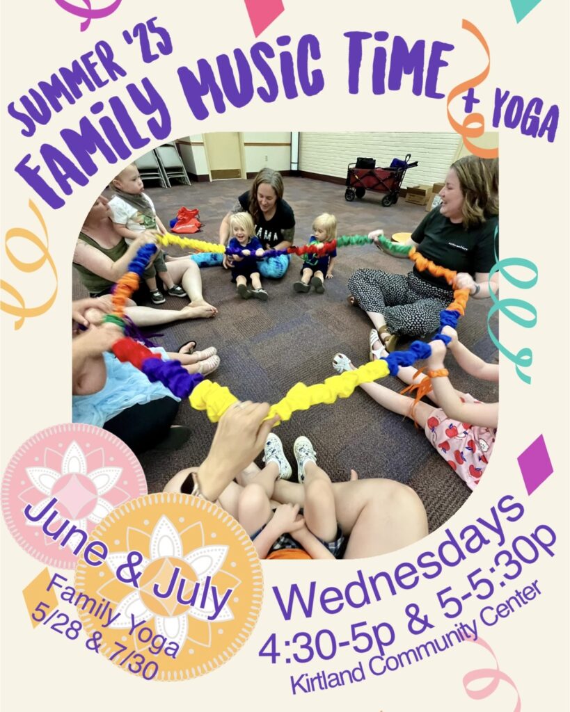 Advertisement photo for Summer 2025 Family Music Time featuring a music therapist and children holding a stretchy band.
